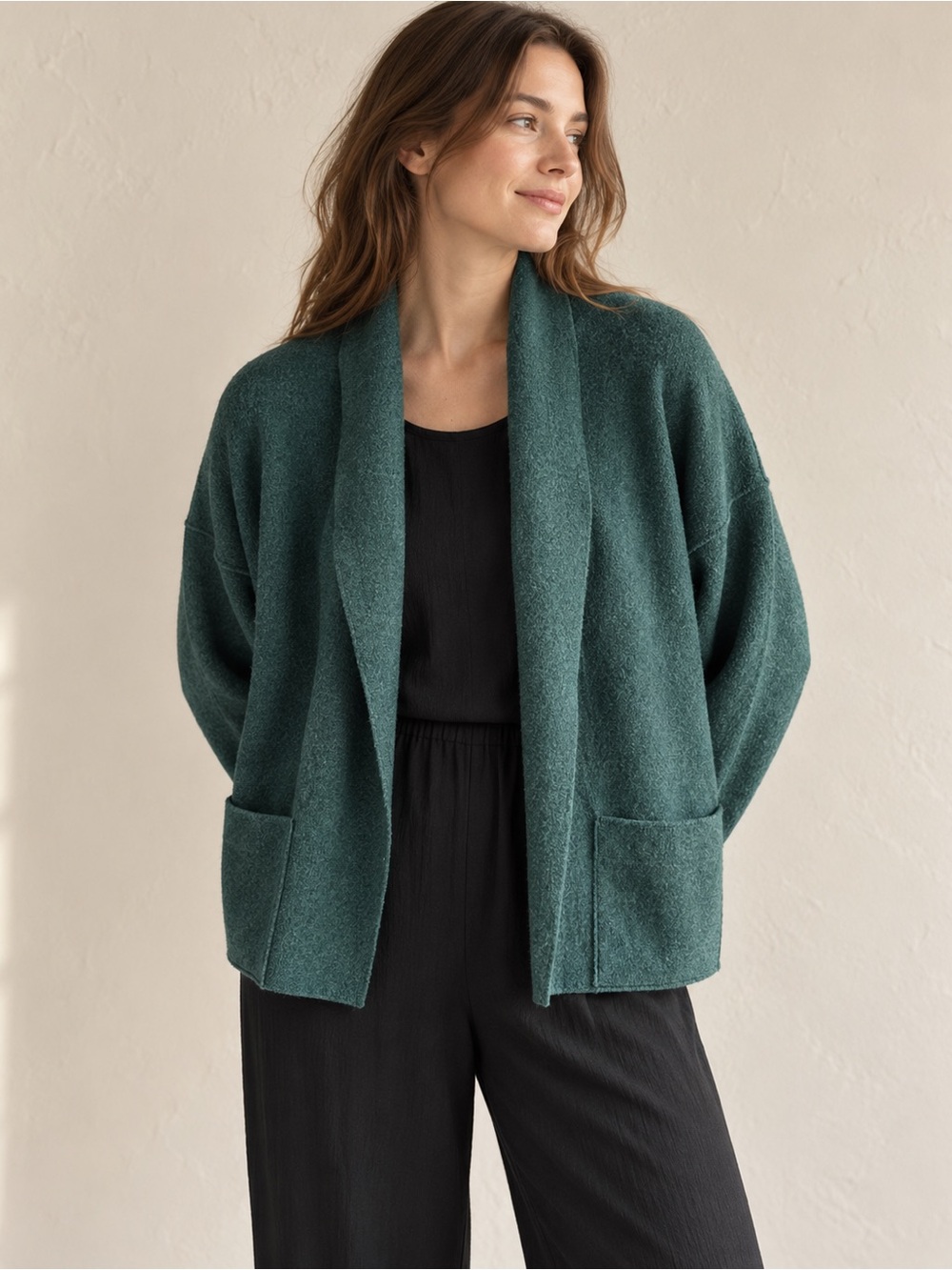 Eileen Fisher Merino Wool Short Cardigan Lagenlook Minimalist Layering Teal XS